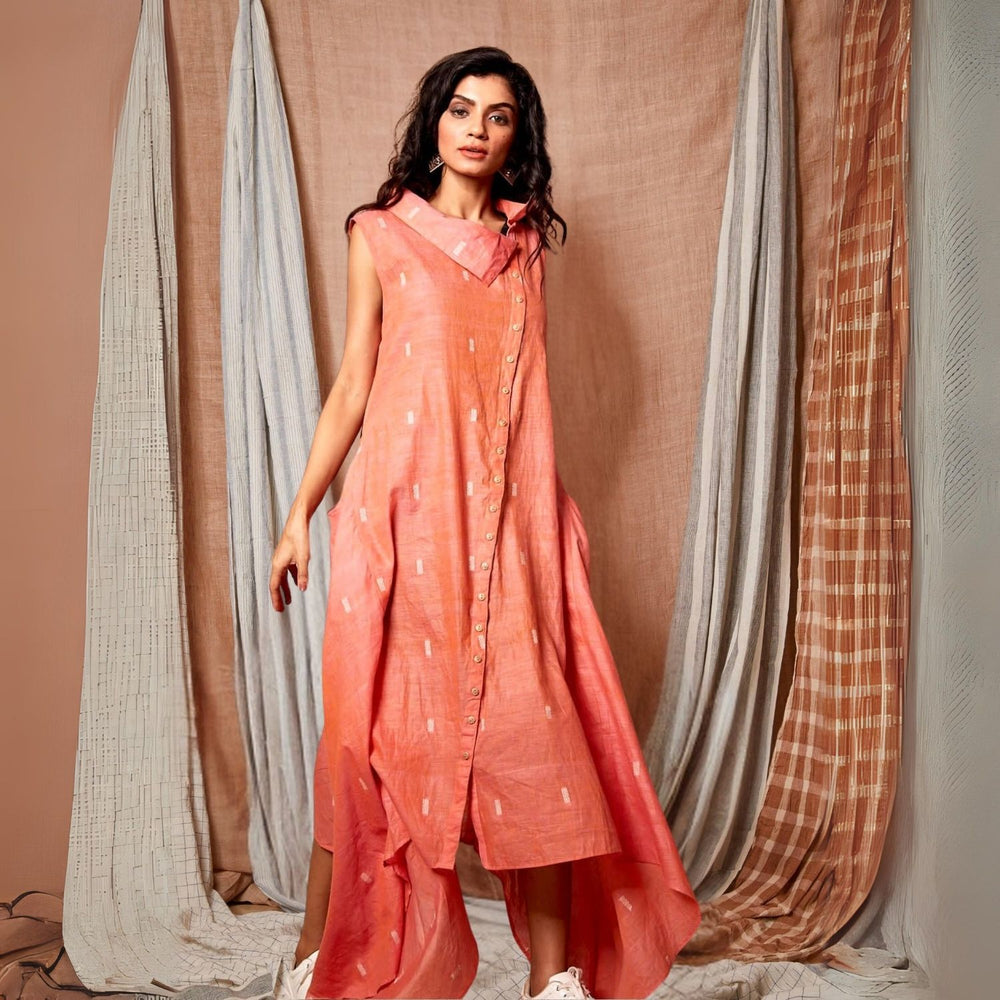 Desert Asymmetrical Rose Dress | Jamdani | Subtly Stylish | Contemporary | Peach