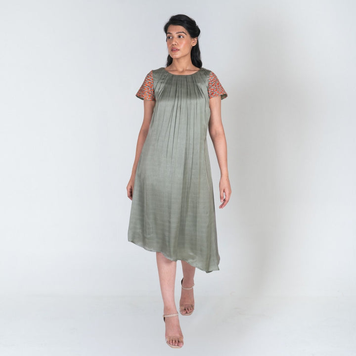 Green Colour Block Midi Dress | Braid Embellished Sleeve | Effortless Elegance