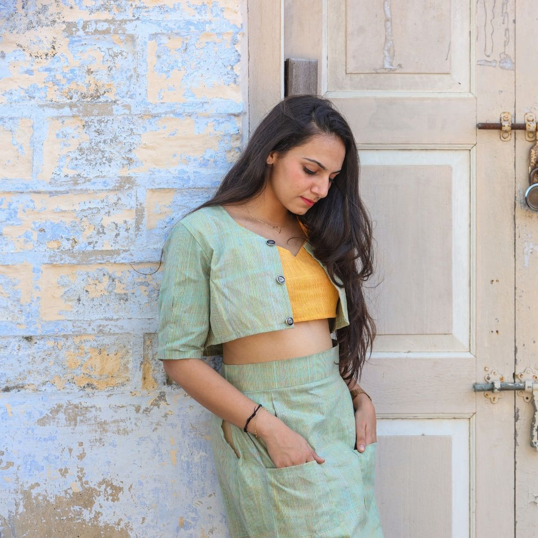 Mint Green And Yellow Crop Top, Short Jacket and Skirt Set | Sustainable & Stylish | Formal Causal Wear 