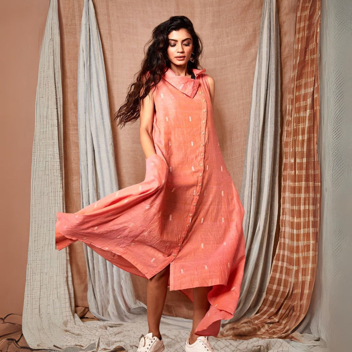 Desert Asymmetrical Rose Dress | Jamdani | Subtly Stylish | Contemporary | Peach