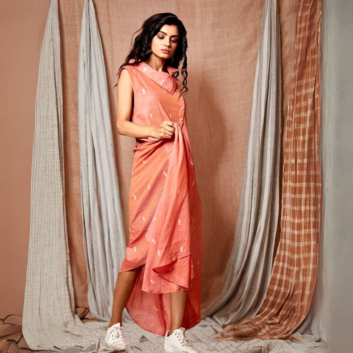 Desert Asymmetrical Rose Dress | Jamdani | Subtly Stylish | Contemporary | Peach