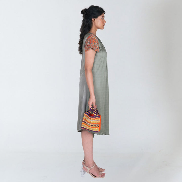 Green Colour Block Midi Dress | Braid Embellished Sleeve | Effortless Elegance