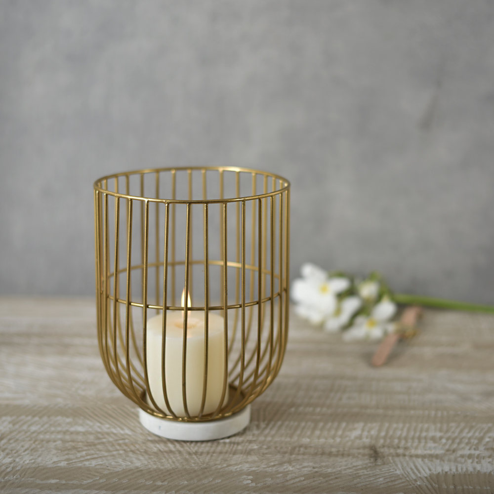 Wire Basket Candle Holder On Marble Base | Table Top Accent | Festive Decor | Hand-Made | 9"