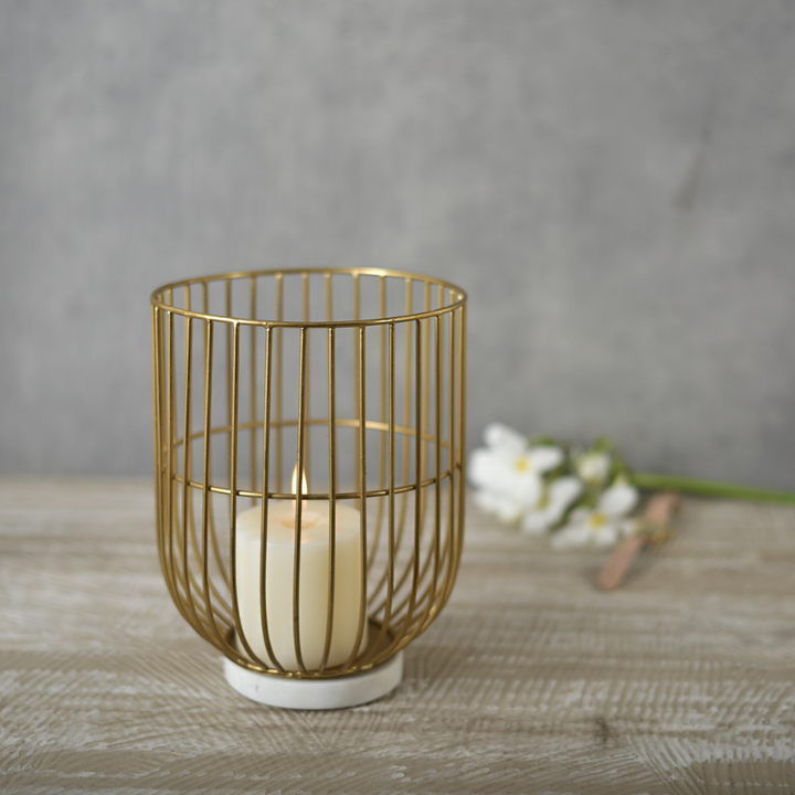 Wire Basket Candle Holder On Marble Base | Table Top Accent | Festive Decor |  9"