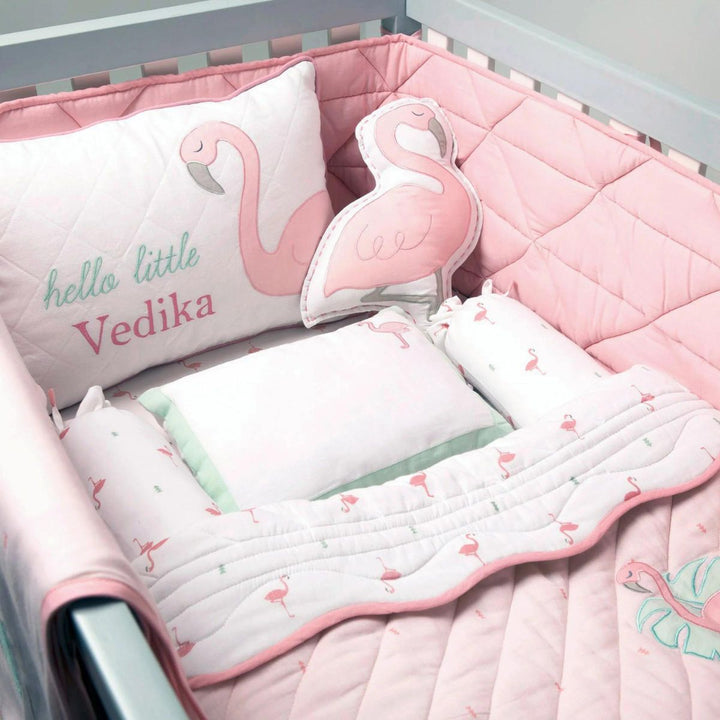 Flamingo Print Pink Cot Bedding Set For Babies | Nursery Essential | Organic Cotton | Set Of 6