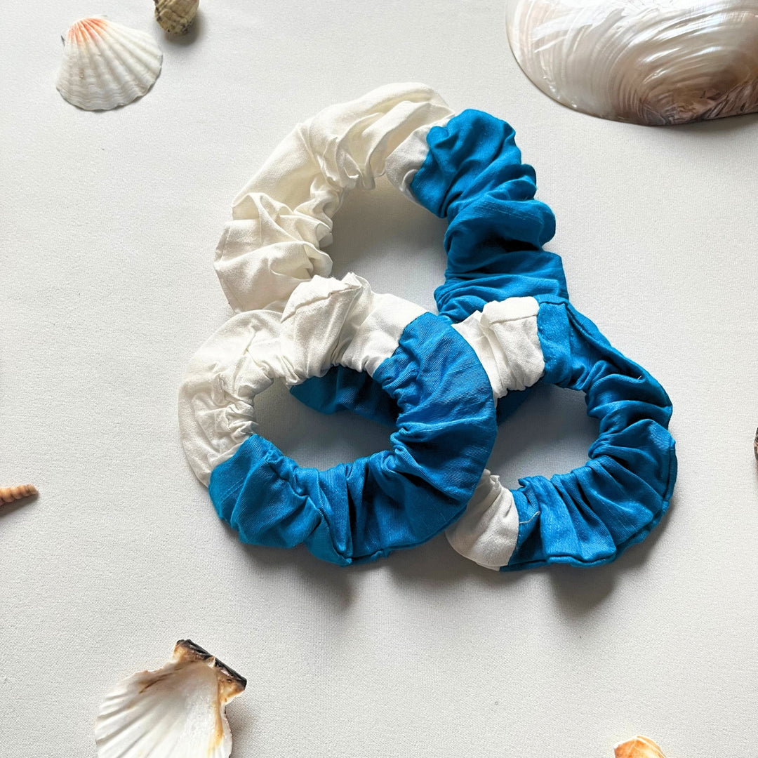 Silk Hair Scrunchies | For Tangle Free Hair | Soft On Hair | Blue And Cream | Set of 3