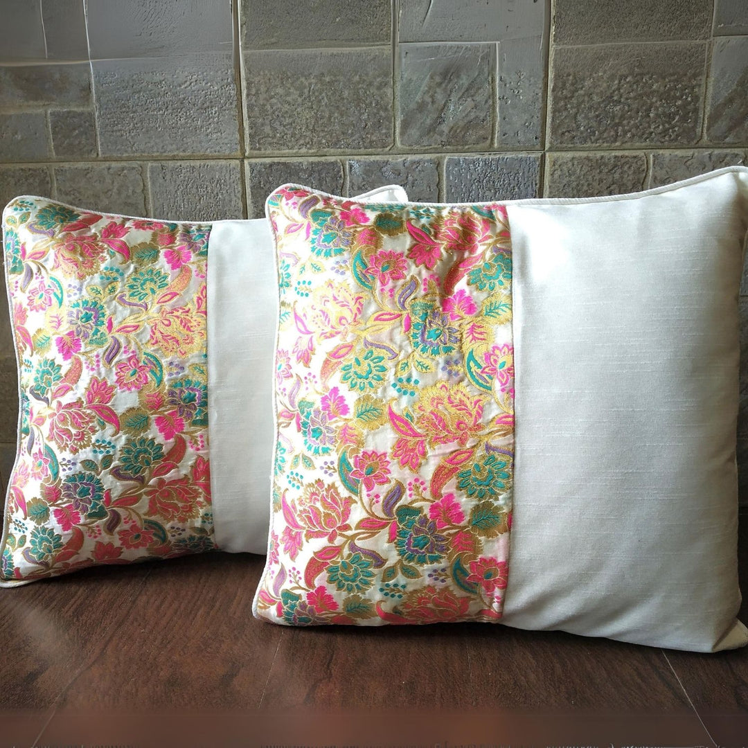 White Banarasi Floral Cushion Cover | Festive Decor | Set of 2