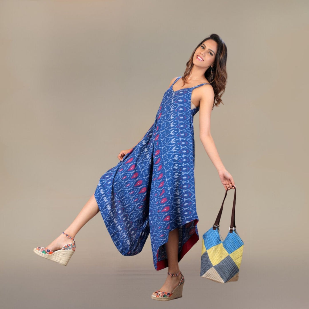 Chic Me Kite-Shaped Ikat Fusion Dress | Stylish | Kite Shaped | Jumpsuit Style | Royal Blue