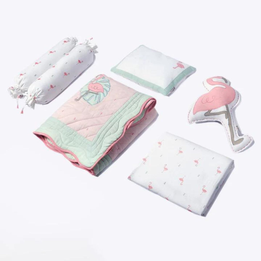 Flamingo Print Pink Cot Bedding Set For Babies | Nursery Essential | Organic Cotton | Set Of 6