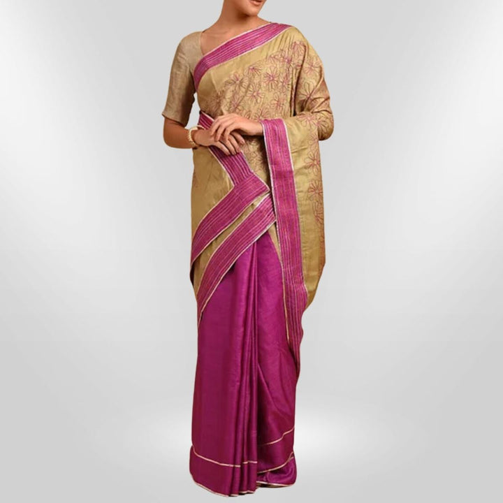 Golden & Magenta Tussar Silk Saree with Intricate Sujani Embroidery | Festive