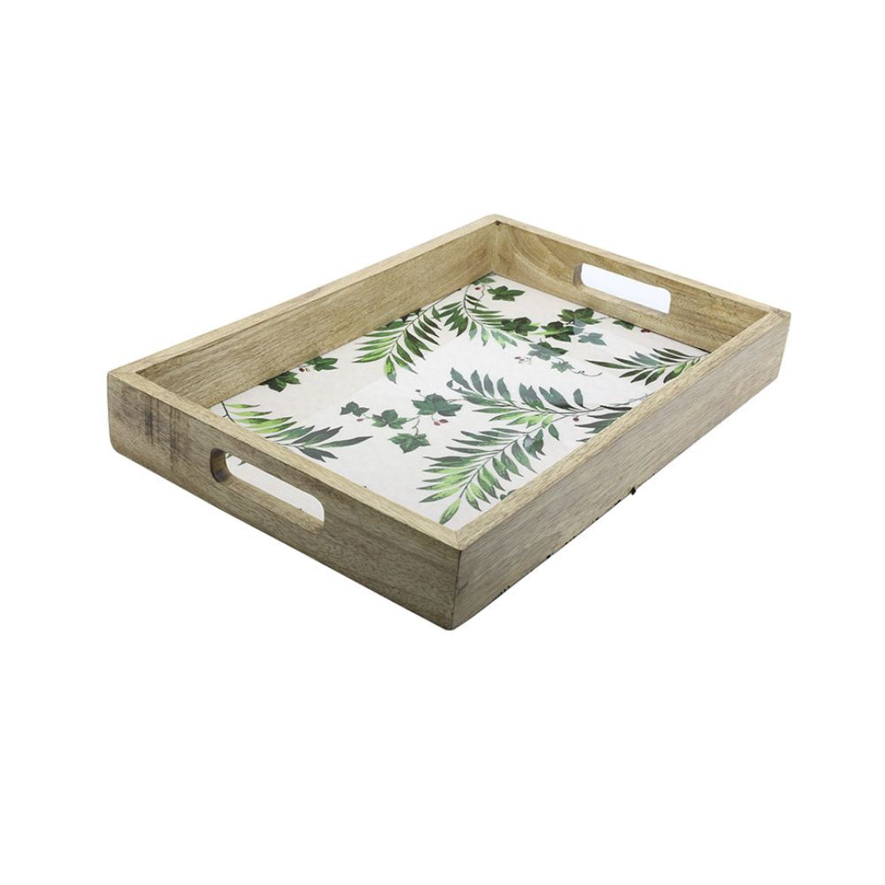 Leaf Printed Rectangular Serving Tray With Handle | Dining Room Decor | Artisanal | Hand-Crafted | 16"