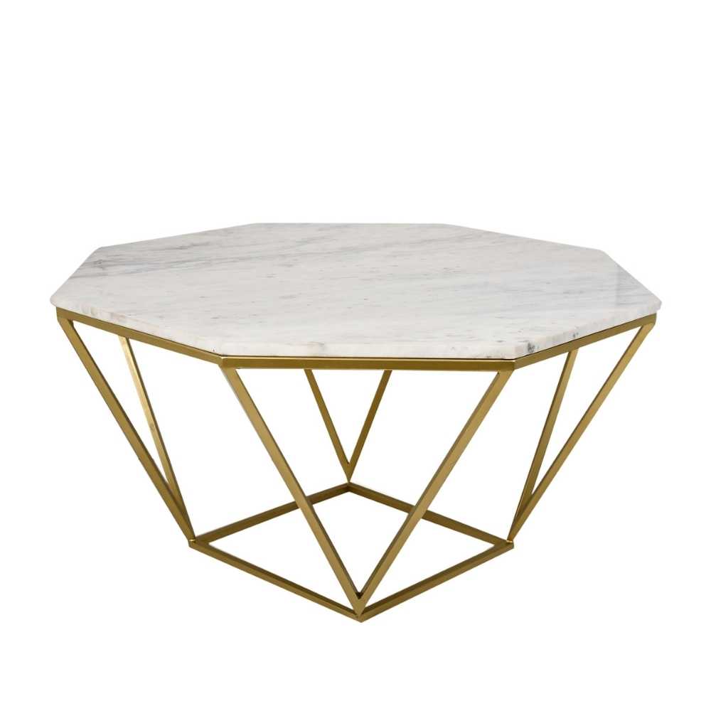 Hexagon Shape Coffee Table With Marble Table Top | Modern Accent Table | Gold Finish Stand | 31 Inches