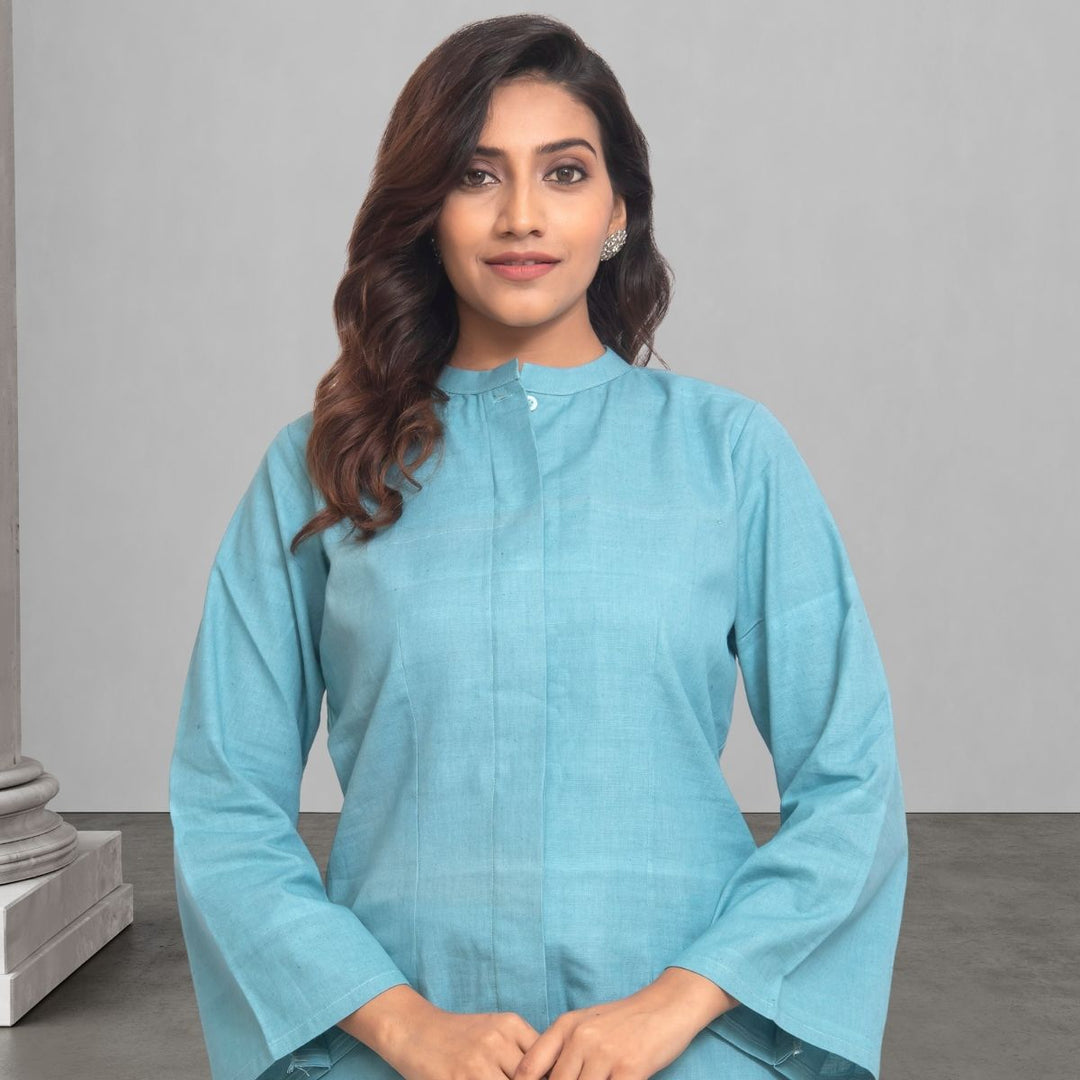 Co-ord Set Of Top And Pant For Women | Ocean Blue Cotton | Office Wear