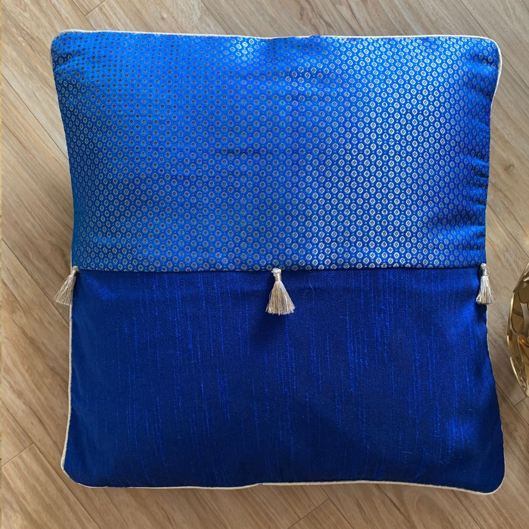 Half N Half Tassel Banarasi Cushion Cover | Cobalt Blue | 16" x 16"