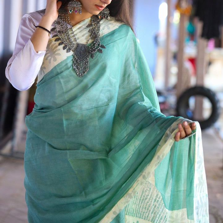 Sea Green Muslin Saree For Women | Artistic Batik Printed | Office Wear 