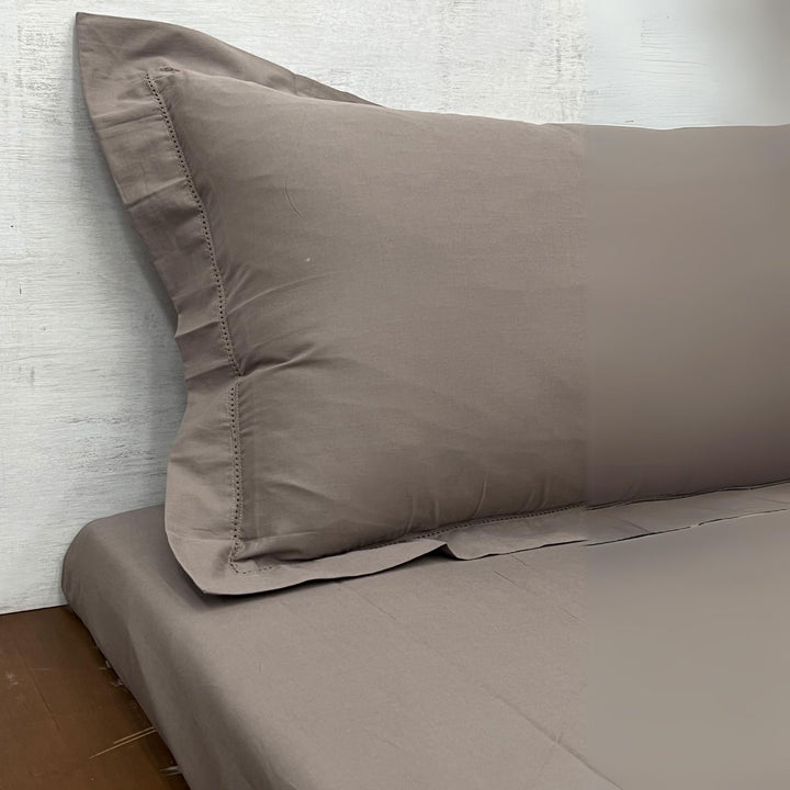 Taupe Ajour Embroidered Double Bedsheet Set In Cotton | 90 x 108 Inch