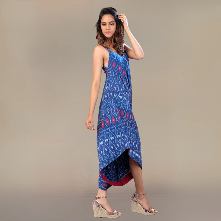 Chic Me Kite-Shaped Ikat Fusion Dress | Stylish | Kite Shaped | Jumpsuit Style | Royal Blue