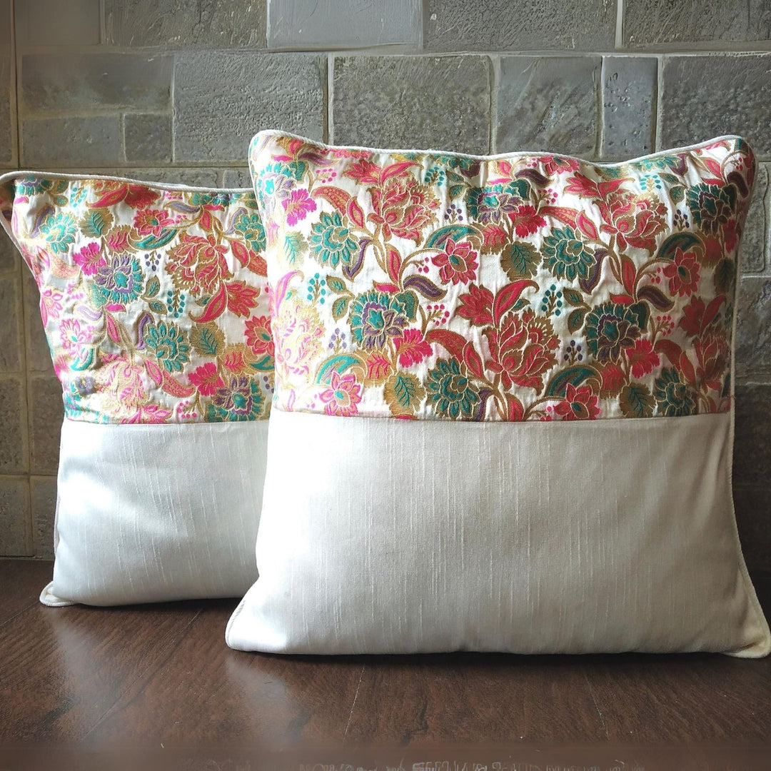 White Banarasi Floral Cushion Cover | Festive Decor | Set of 2