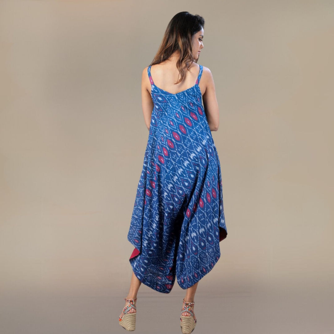 Chic Me Kite-Shaped Ikat Fusion Dress | Stylish | Kite Shaped | Jumpsuit Style | Royal Blue