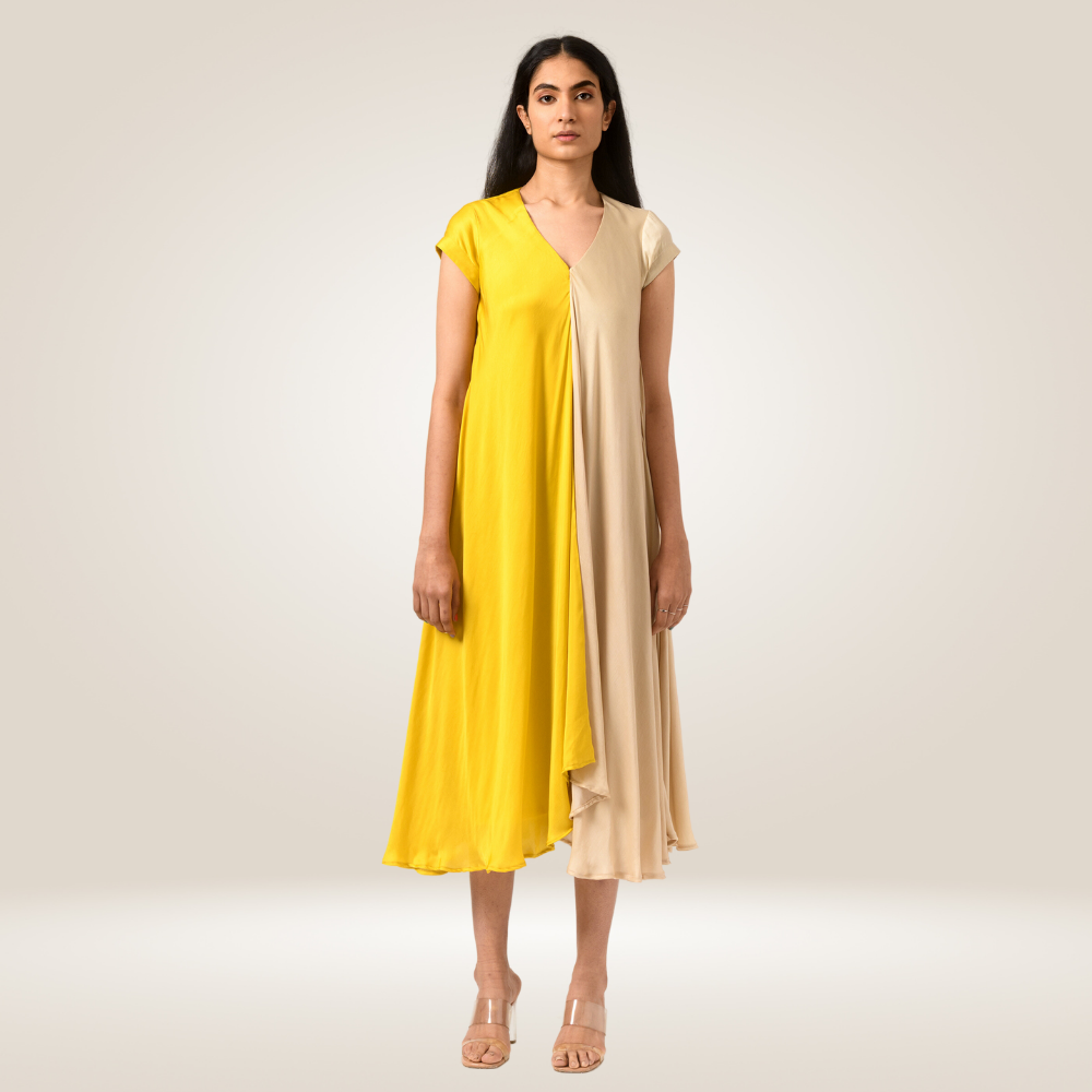 Yellow-Ecru Cap Colour Block Dress | Modal Silk | Sustainable