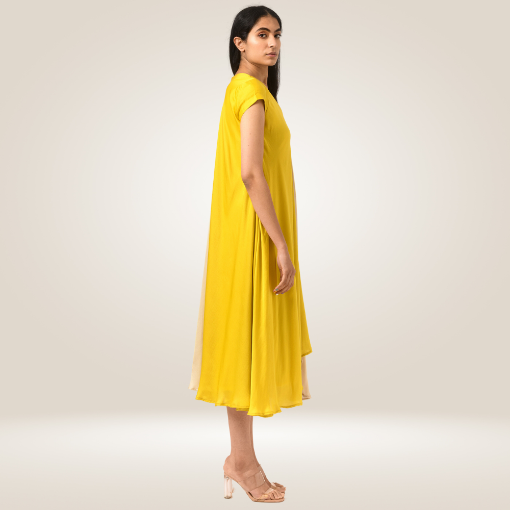 Yellow-Ecru Cap Colour Block Dress | Modal Silk | Sustainable