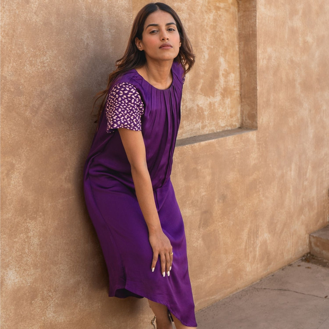 Purple Colour Block Midi Dress Embellished Sleeve Contemporary