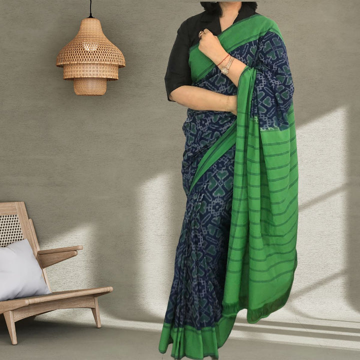 Navy & Bottle Green Pochampally Double Ikat Saree | Craft Rich | Elegant | Soft Fabric