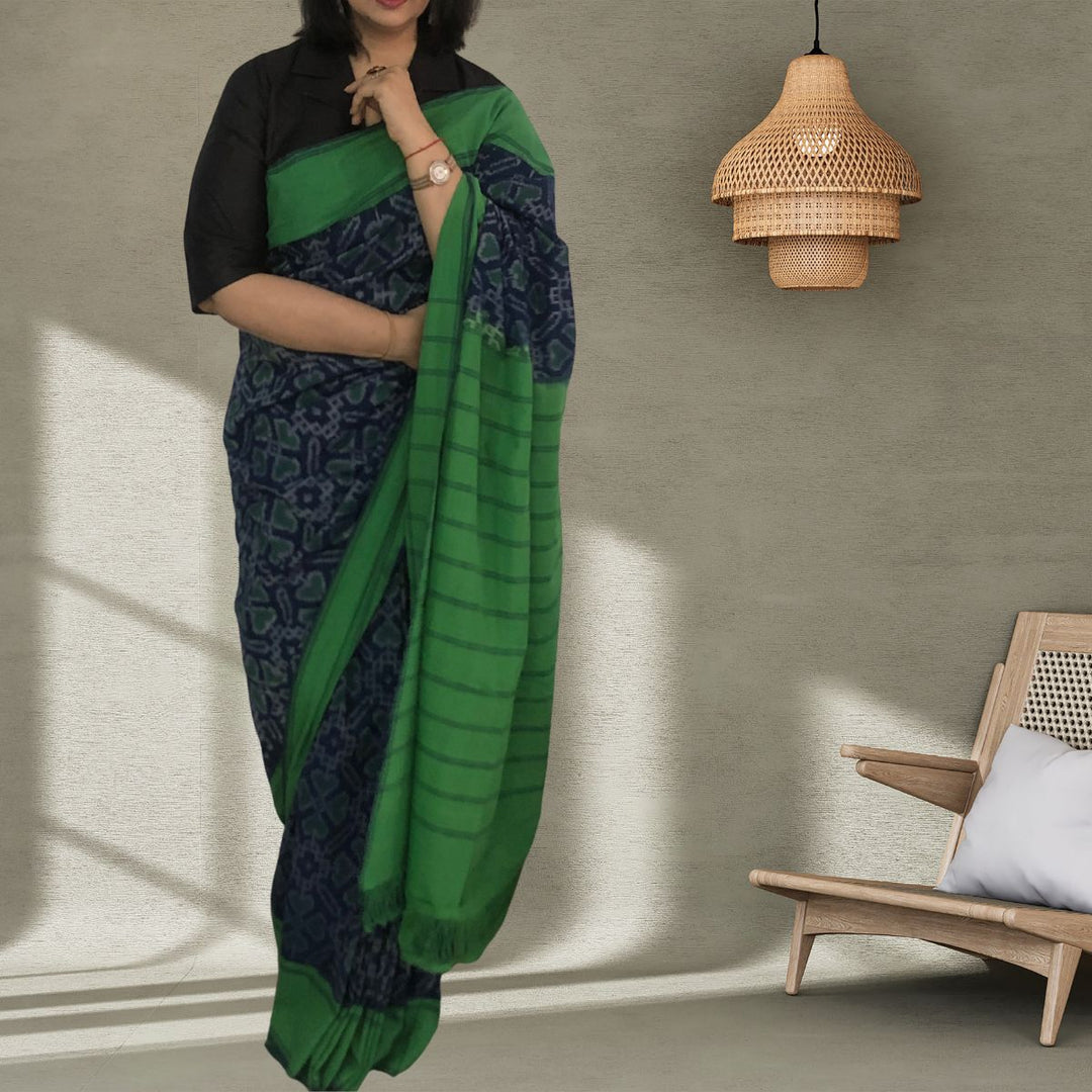 Navy & Bottle Green Pochampally Double Ikat Saree | Craft Rich | Elegant | Soft Fabric