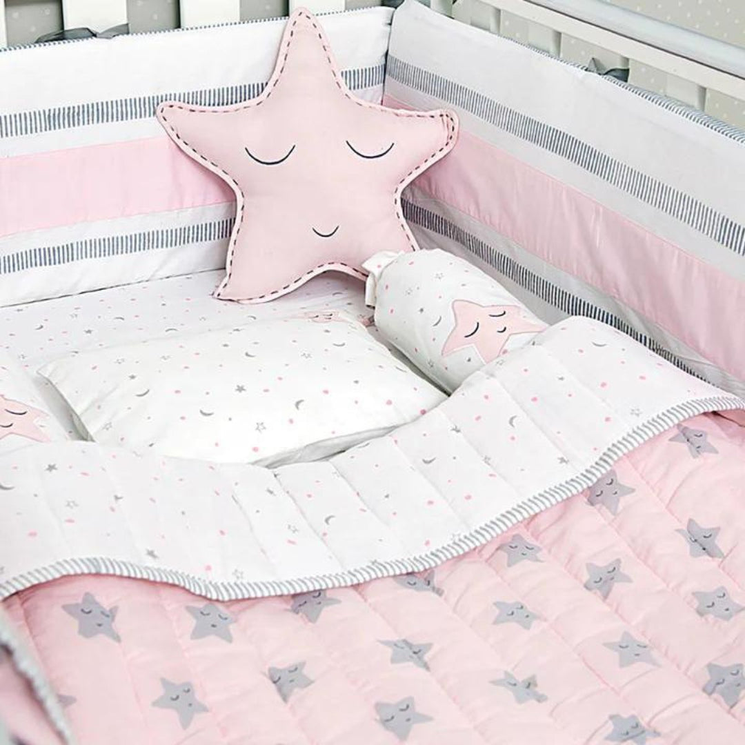 Sleepy Star Pink Cot Bedding Set For Babies | Nursery Essential | Organic Cotton | Set Of 6