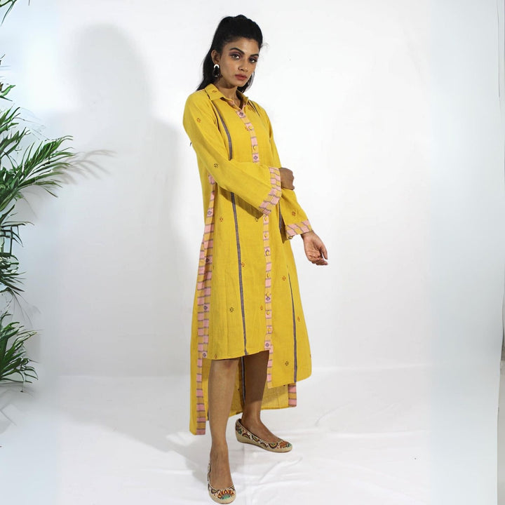 Cassia High-Low Shirt Dress | Kala Cotton | Playful Design | Stylish | Mustard Yellow