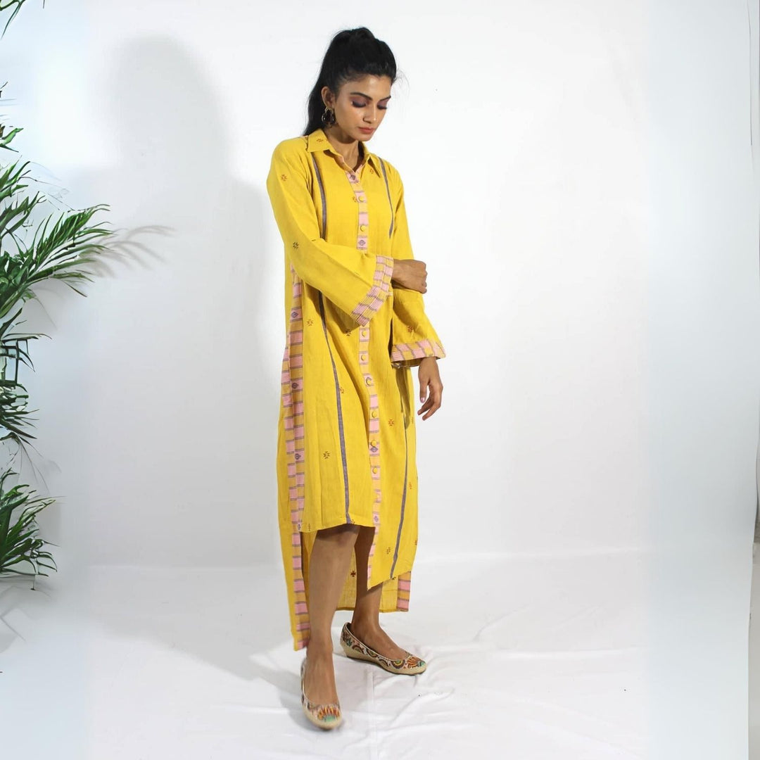 Cassia High-Low Shirt Dress | Kala Cotton | Playful Design | Stylish | Mustard Yellow