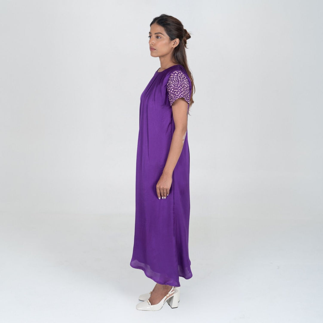 Purple Colour Block Midi Dress | Braid Embellished Sleeve | Contemporary Classics