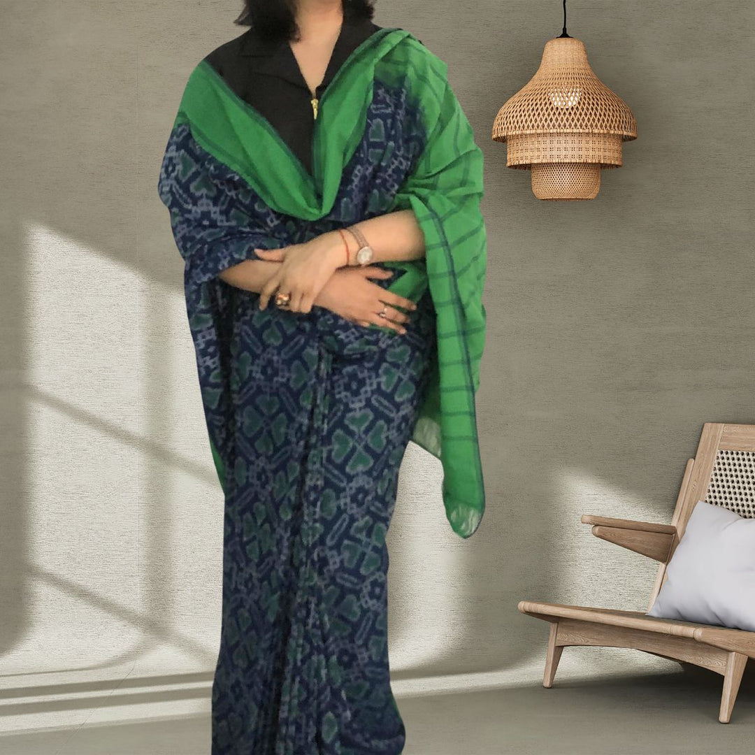 Navy & Bottle Green Pochampally Double Ikat Saree | Craft Rich | Elegant | Soft Fabric