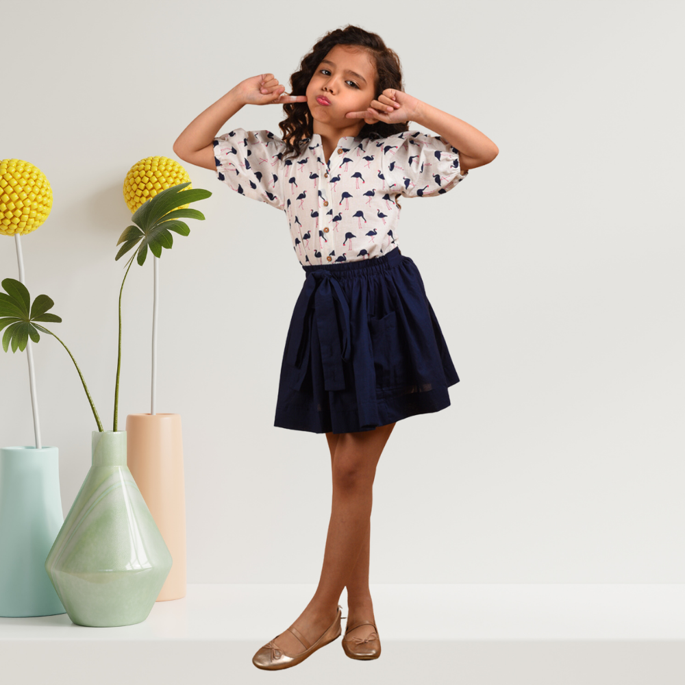 Flamingo Co-ord Set | Girls Casual Wear | Skirt And Top | Handblock Print | Cotton | Navy Blue