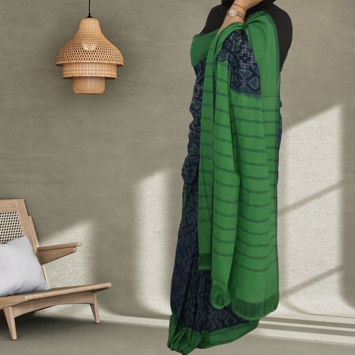 Navy & Bottle Green Pochampally Double Ikat Saree | Craft Rich | Elegant | Soft Fabric