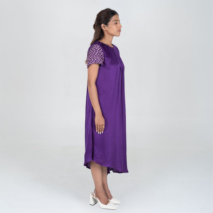 Purple Colour Block Midi Dress | Braid Embellished Sleeve | Contemporary Classics