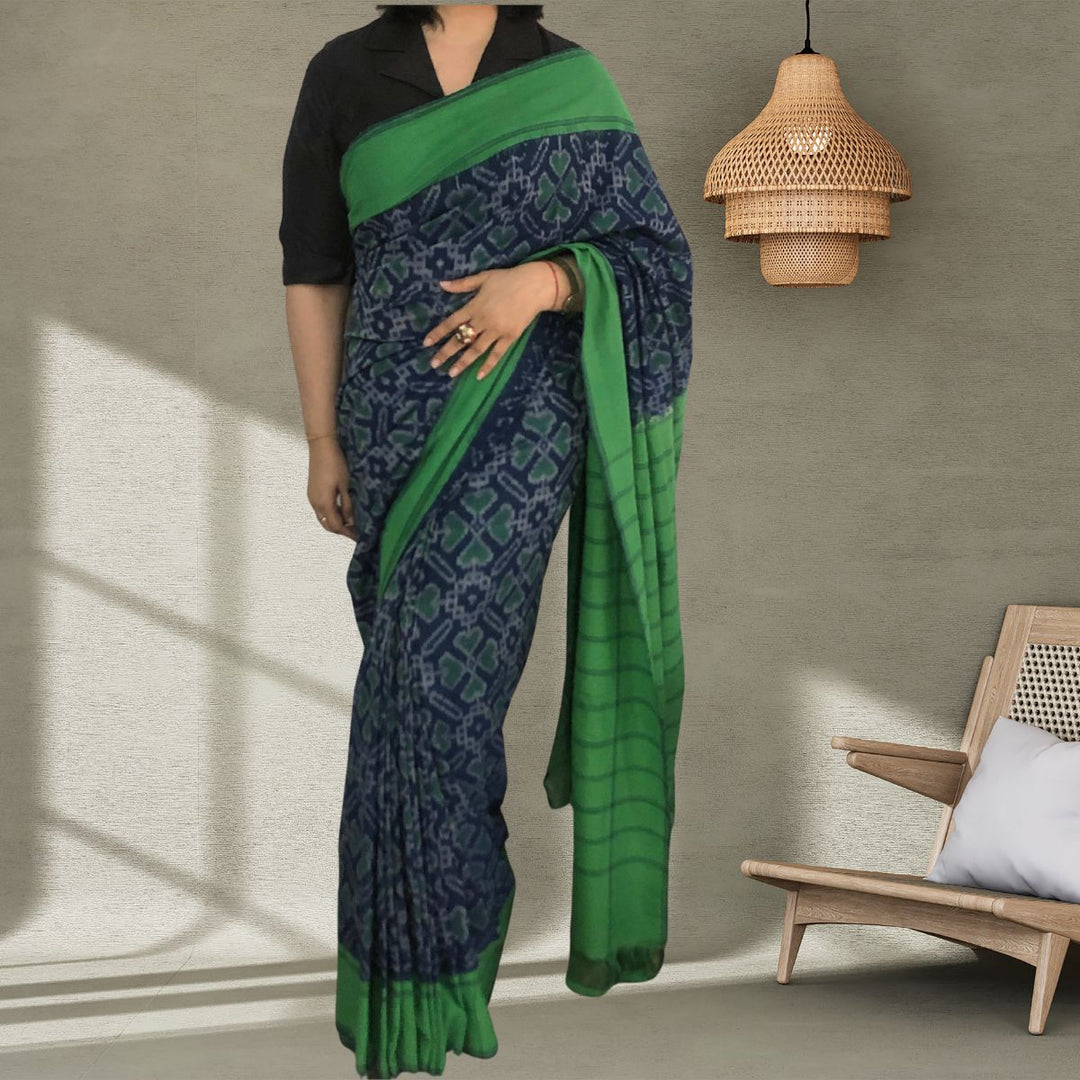 Navy & Bottle Green Pochampally Double Ikat Saree | Craft Rich | Elegant | Soft Fabric