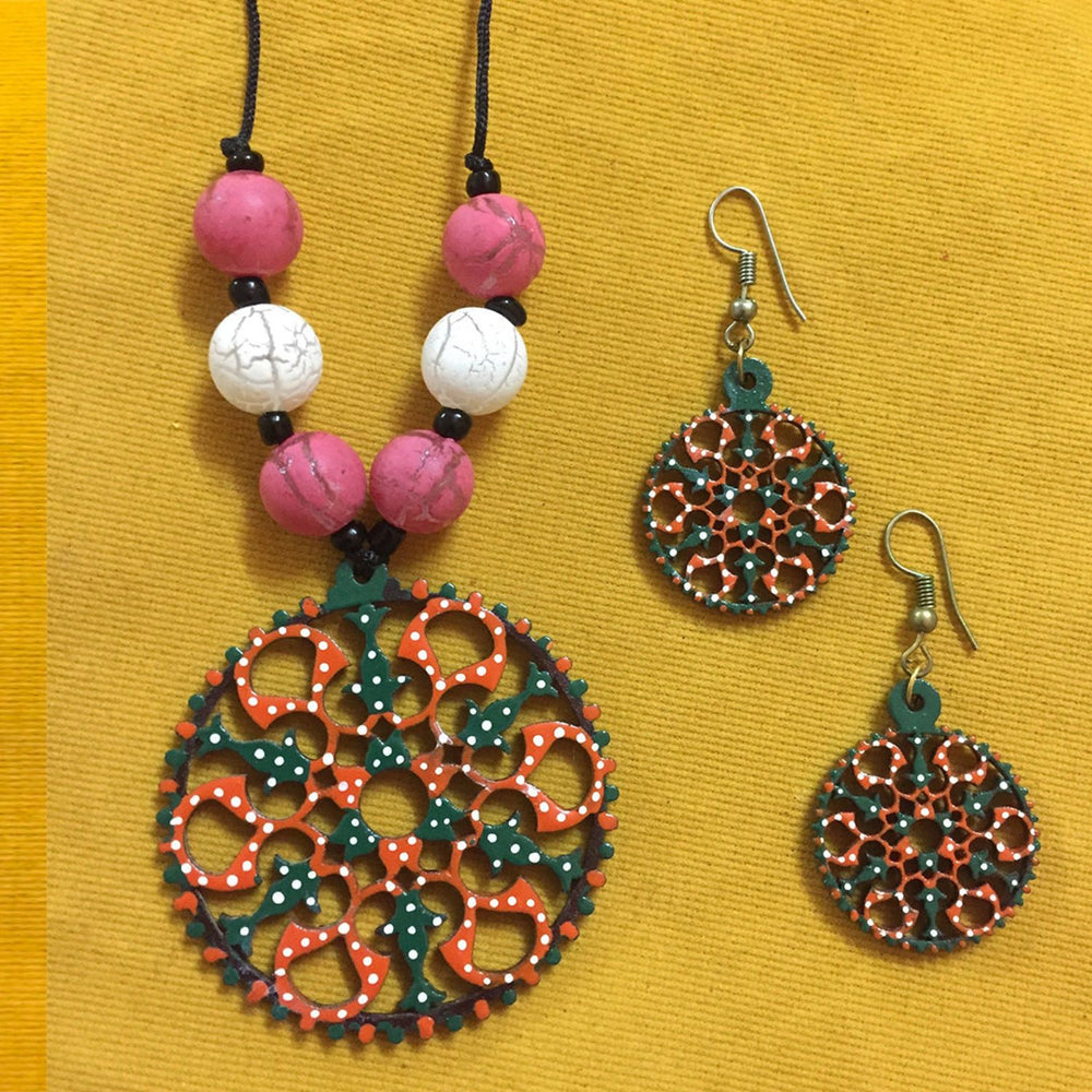 Green And Orange Round Jewelry Set | Tikuli Art Painting | Rustic Jewelry