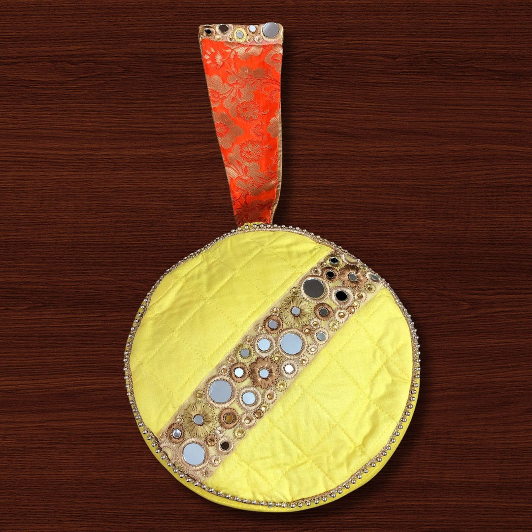 Saffron Circular Wrist Bag | Mirror Work & Pearl Embellishments