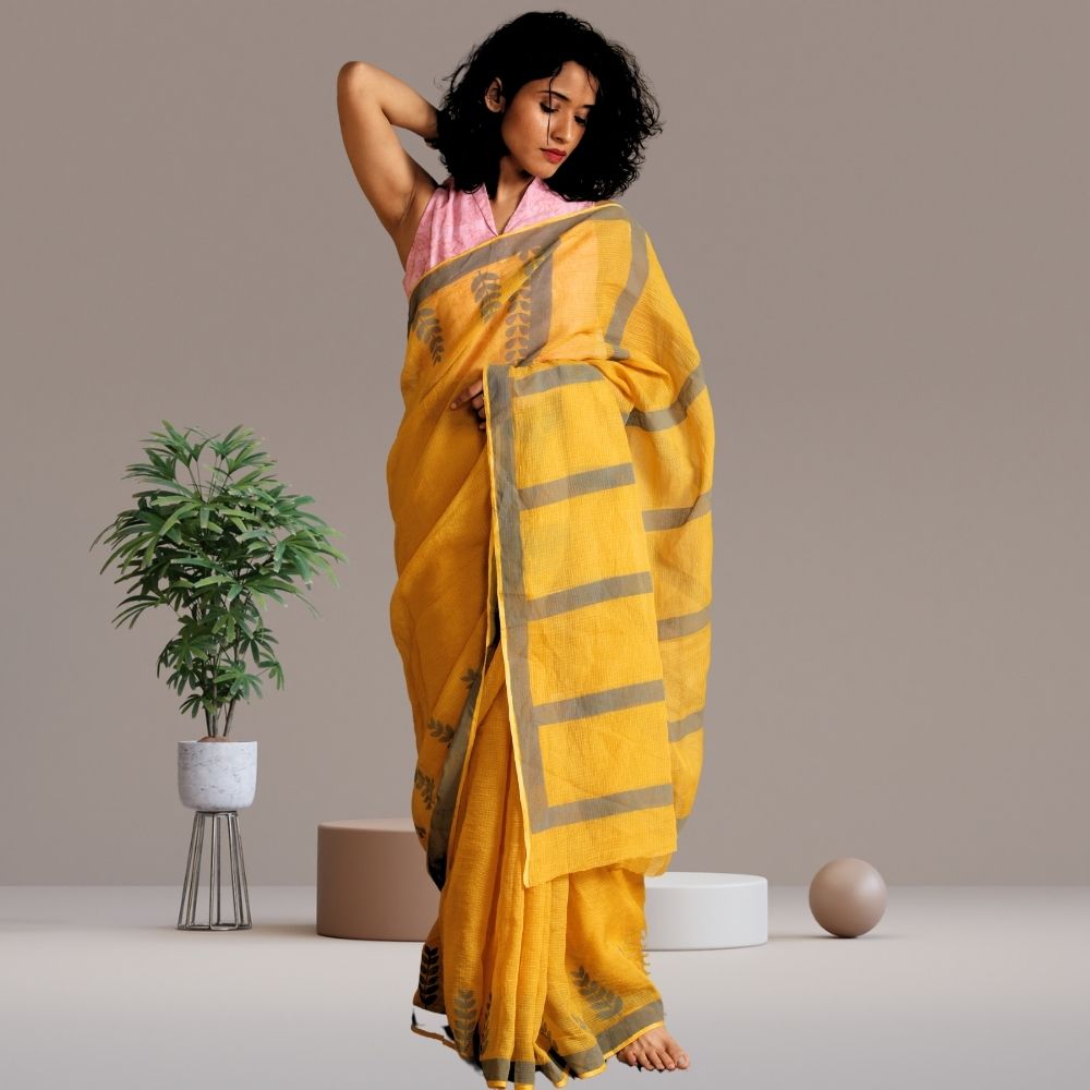 Rosa Saree | Kota | Hand Block Printed | Silk | Summery | Grey | Mustard Yellow