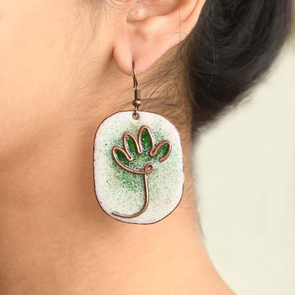 Lotus Pattern Unique Copper Enamel Dangler Earring | Hand-crafted