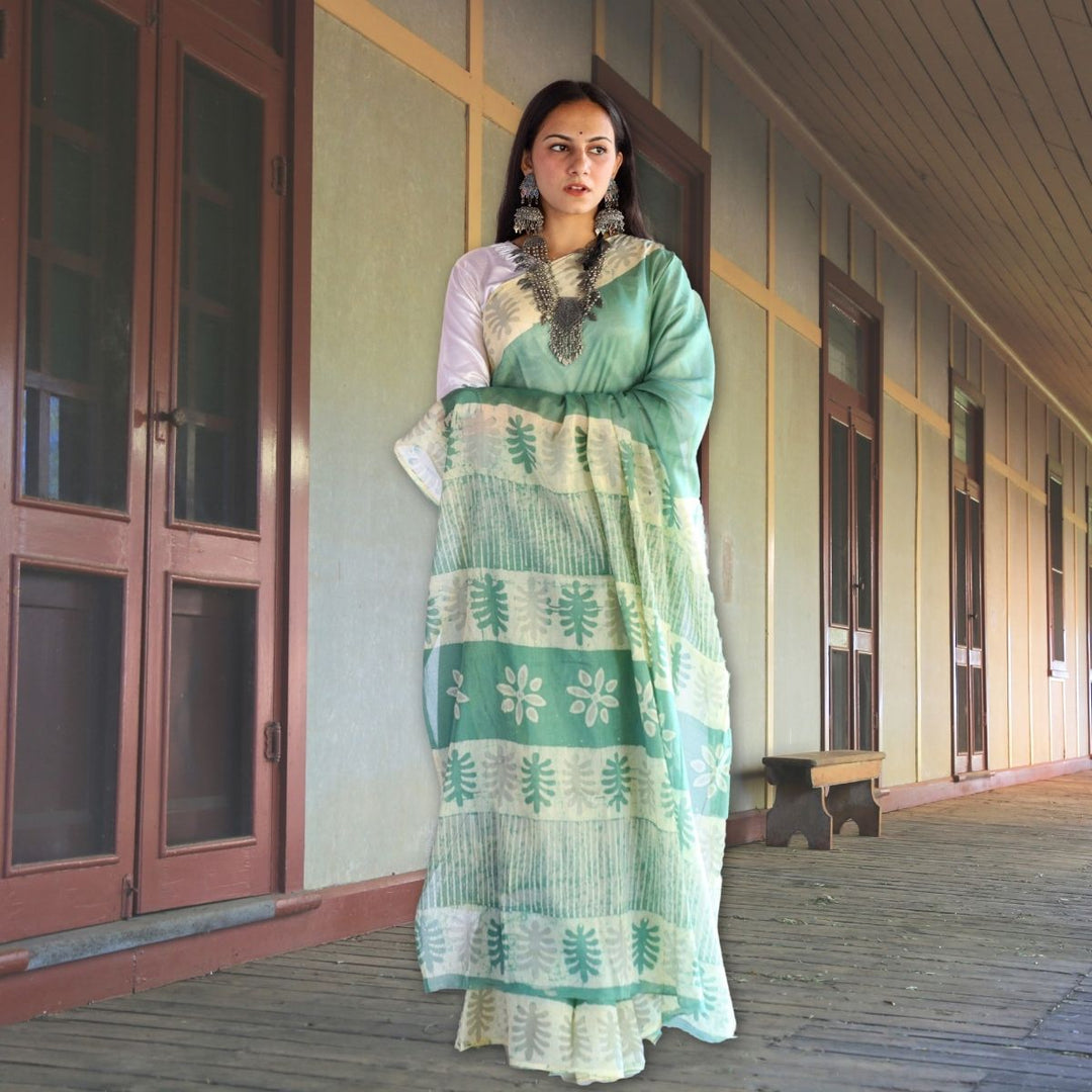 Sea Green Batik Printed Hand Spun & Hand Woven Cotton Muslin Saree | Artisanal | Leaves and Flower Batik Print