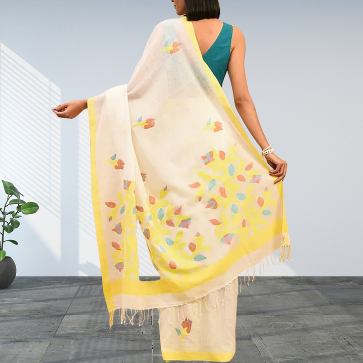 Jamdani White And Yellow Cotton Mul Mul Saree | Hand Crafted | Serene | Super Soft