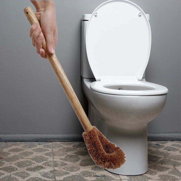 Toilet Cleaning Brush W/ Aluminium Stand | Coconut Coir & Mango Wood | Natural