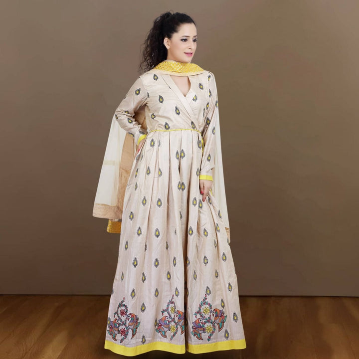 Tiahna Tussar Silk Anarkali | Madhubani Hand-Painted | Beige & Yellow