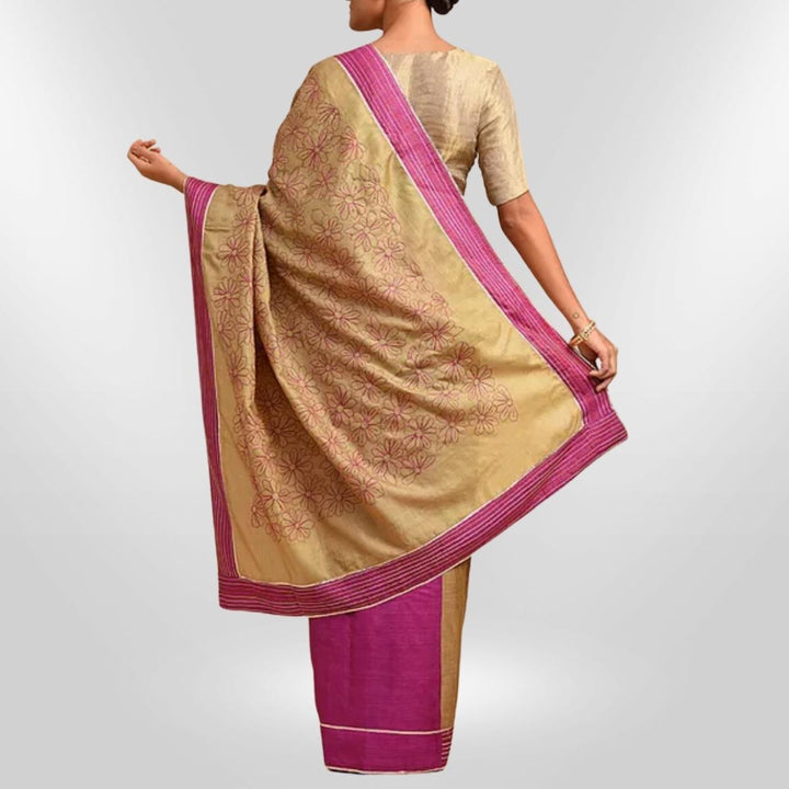 Golden & Magenta Tussar Silk Saree with Intricate Sujani Embroidery | Festive