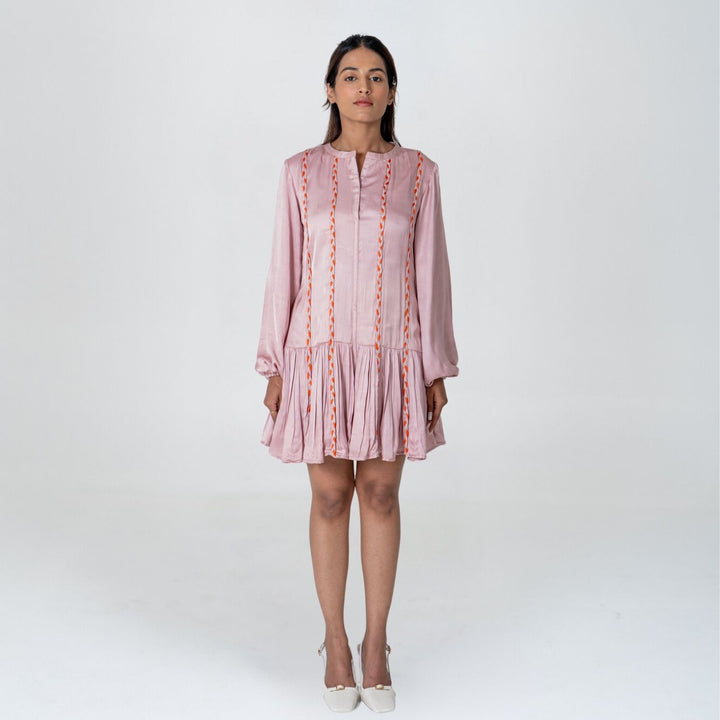 Pink-Orange Braided Short Gather Dress | Modal | Monochrome Elegance