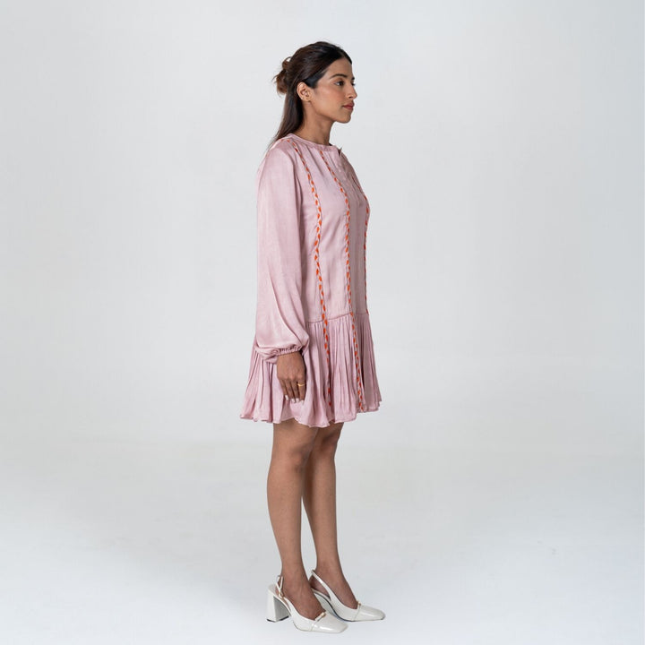 Pink-Orange Braided Short Gather Dress | Modal | Monochrome Elegance