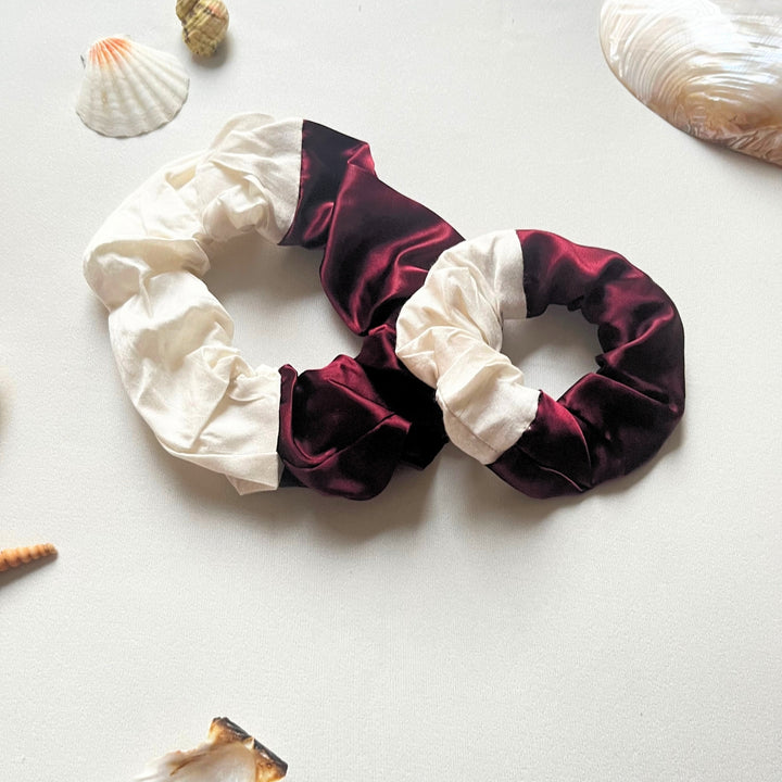 Silk Scrunchies | Anti Hair Breakage | Hair Tie Bands | Set of 3 | Burgundy & Cream