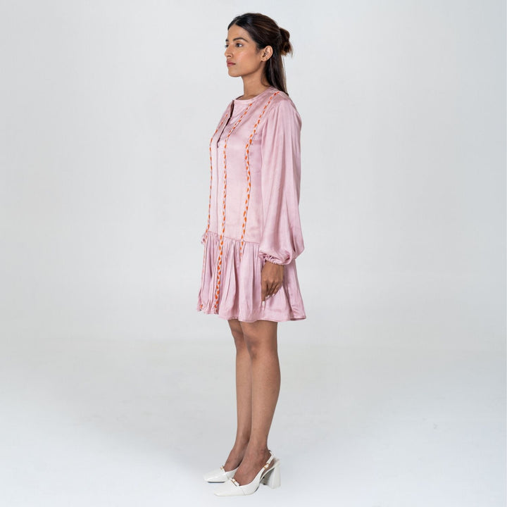 Pink-Orange Braided Short Gather Dress | Modal | Monochrome Elegance